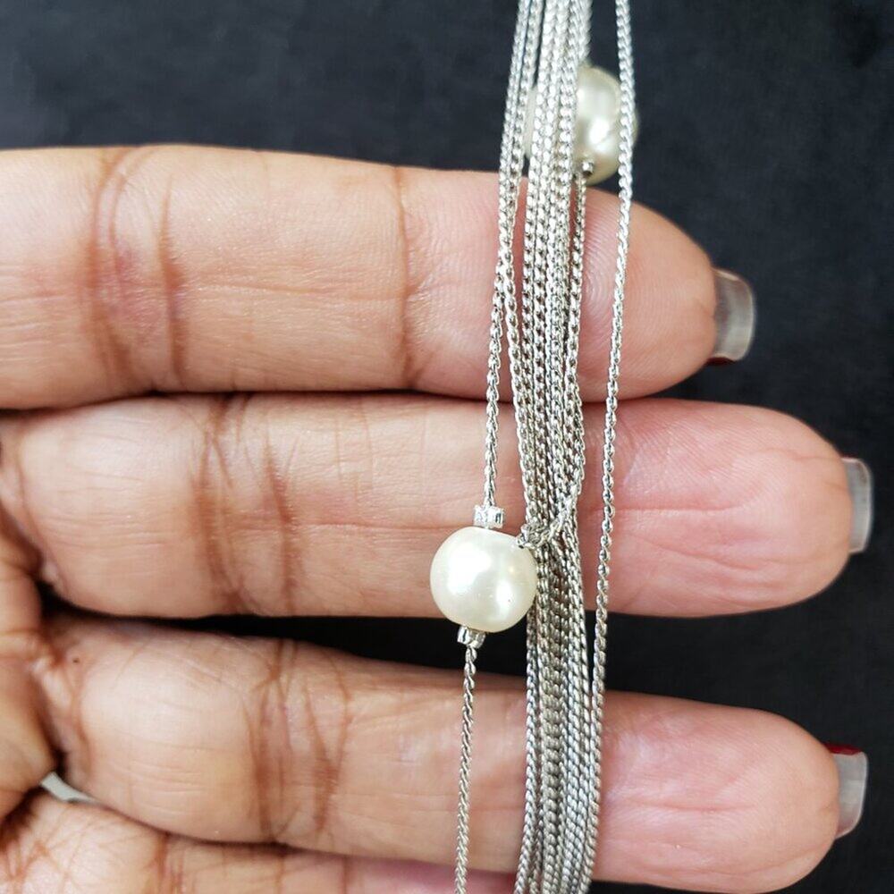 Womens Silver Tone Multi Layered Chains Dainty Faux Pearl Necklace with Lobster - Picture 6 of 7